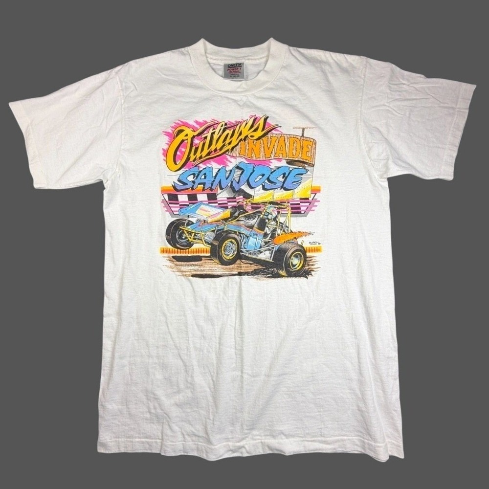 Vintage 1989 Oneita Power-T "Outlaws Invade San Jose" racing graphic T-shirt USA